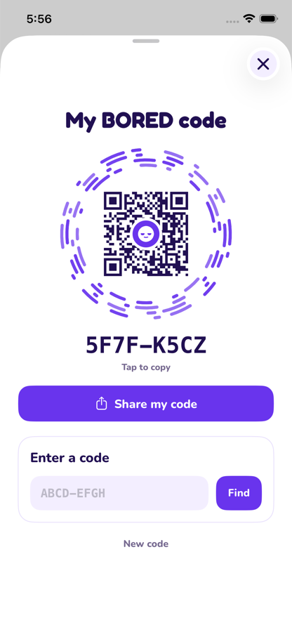 The bored. invite screen, with a QR code ringed by the brand's animated arcs.
