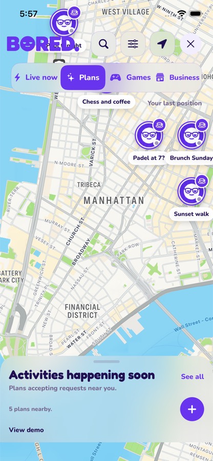 The bored. map, showing what is happening close by right now.