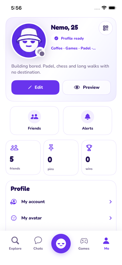 A bored. profile, showing the photo, interests and friend count.